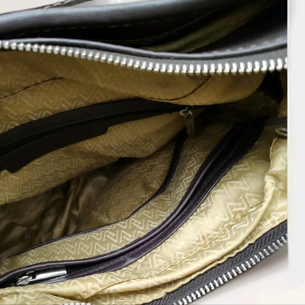 Adrian Vittadini Leather Shoulder Bag W/Snake Skin Look Trim Wide Leather Strap